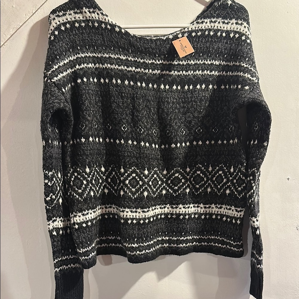 American eagle Black and White Crew Neck Sweater with Nordic Pattern